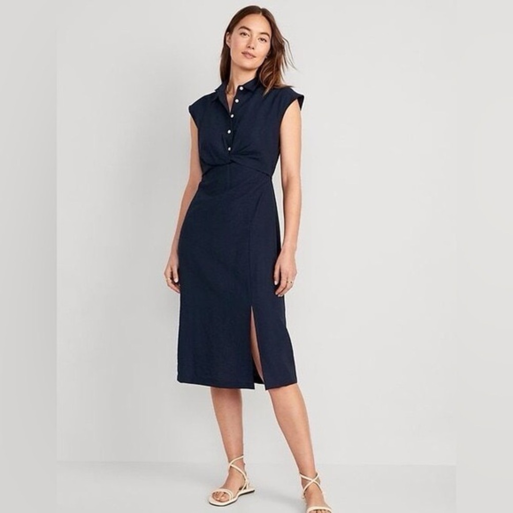 Old Navy Waist-Defined Twist-Front Midi Linen Blend Shirt Dress